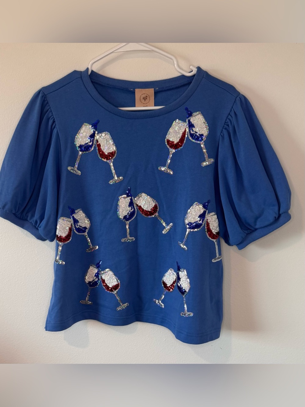Boutique Women’s Small Blue Sequin Wine Glass Puff Sleeve Sweatshirt